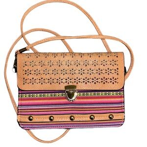 PURSE bag in multi colors. Cross body strap with gold latch and beading design